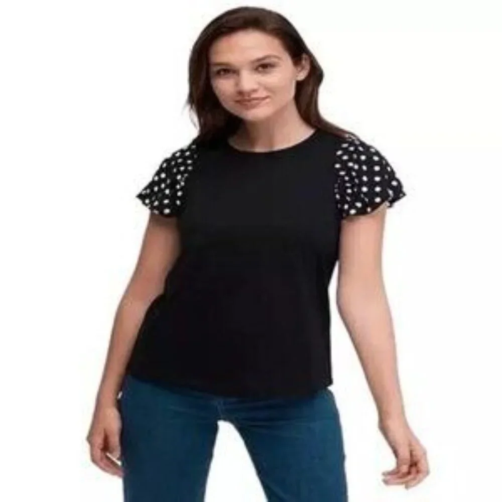 Kate Spade Black Top Ruffle Sleeves XS Blouse‎ LIA Dot Mixed Media Dark Academia
